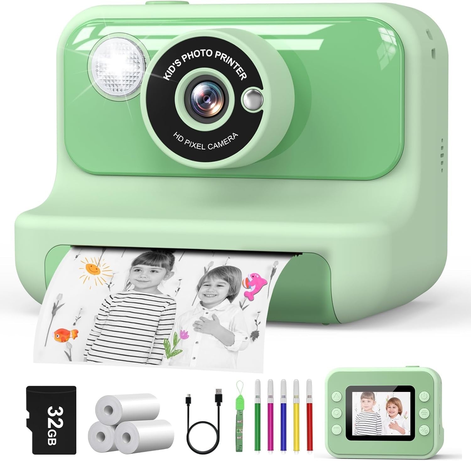 Kids Instant Print Camera 1080P HD 32GB Card Photo Paper Toy Gift