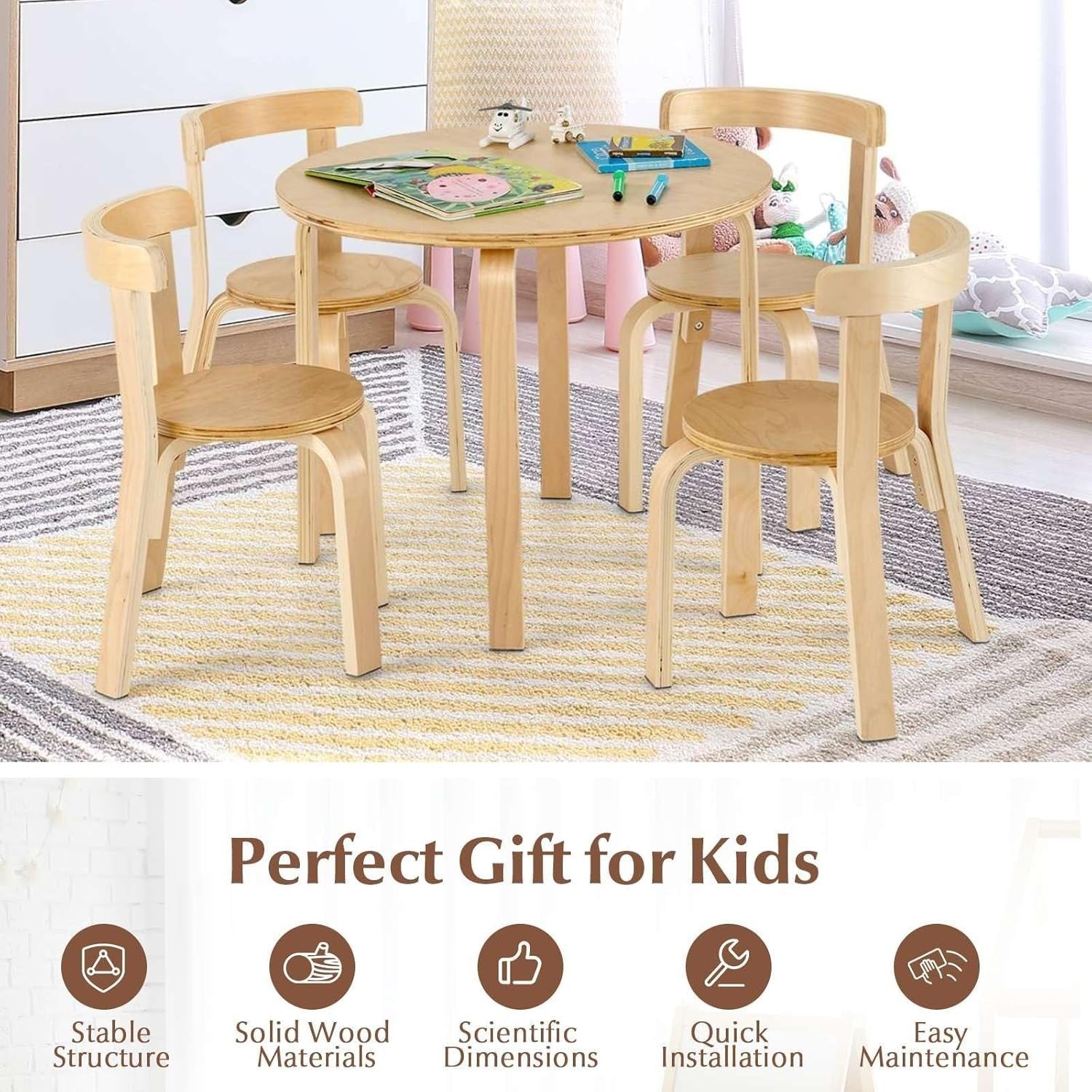 Kids Wooden Round Table & 4 Chairs Set Natural Finish Ergonomic Design