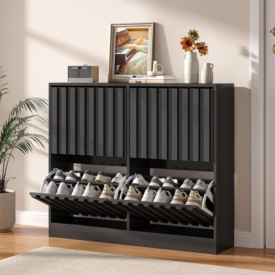 Black Wide Shoe Cabinet 4 Flip Drawers Ventilated Storage Holds 20 Pairs
