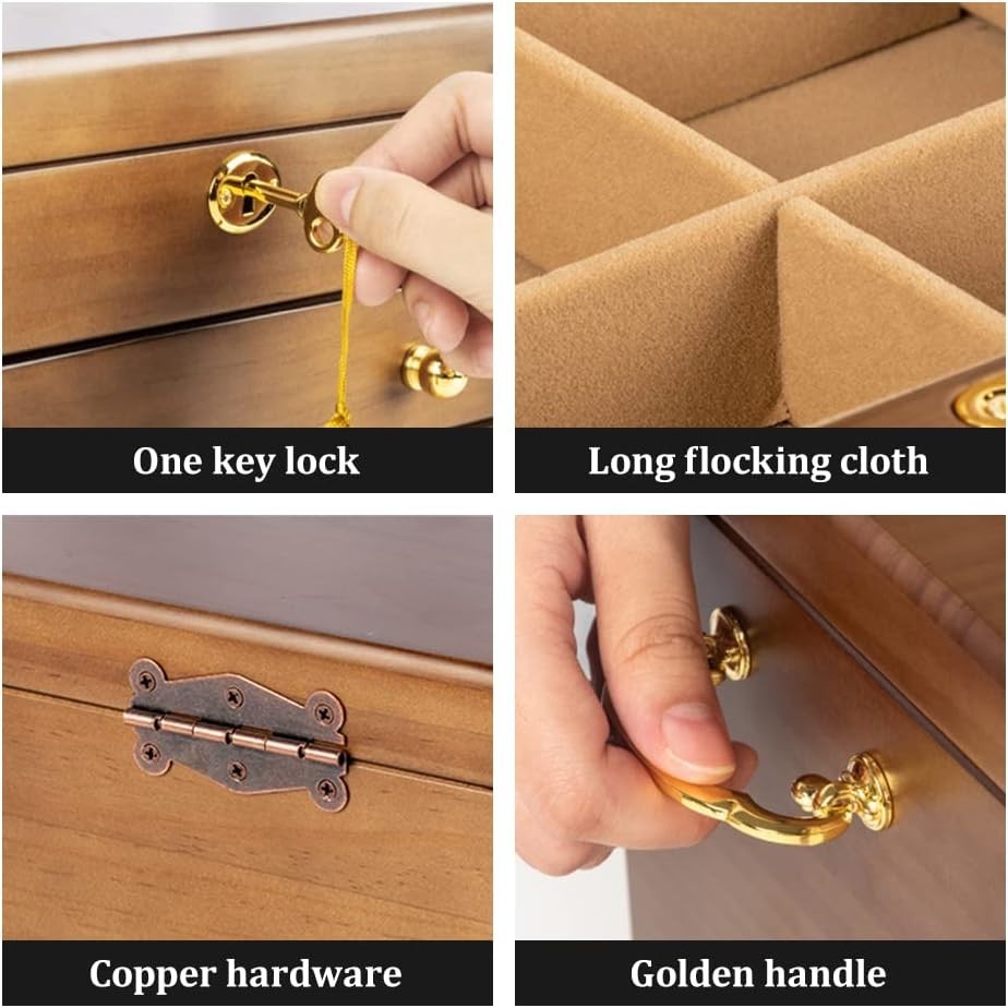 Vintage Wooden Jewelry Box Combo Lock Mirror Large Capacity Organizer