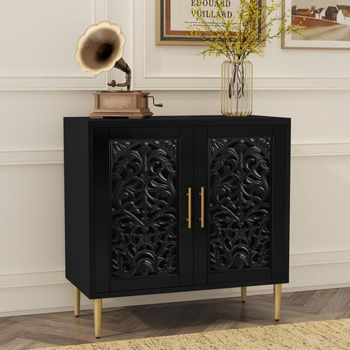 Black Vintage Sideboard Cabinet 2 Door Carved Storage Unit Hallway Accent