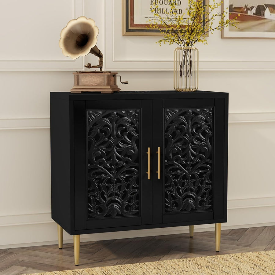 Black Vintage Sideboard Cabinet 2 Door Carved Storage Unit Hallway Accent