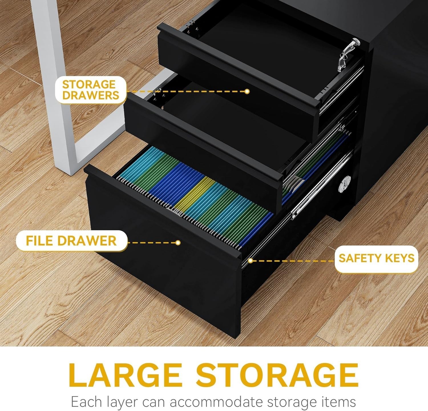 Black Locking Steel File Cabinet 3 Drawer Rolling Under Desk Storage