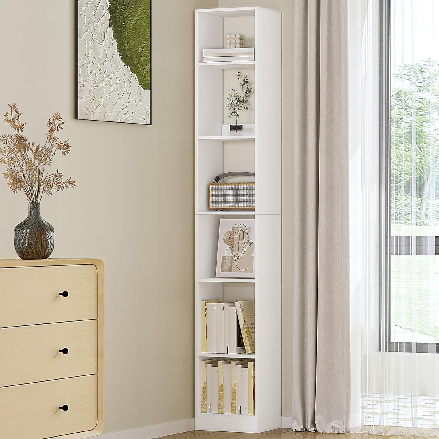 Modern 6-Tier White Wooden Bookshelf, Adjustable Shelves, 24x30x184 cm