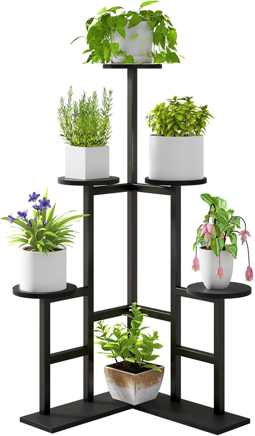6 Tier Black Metal Wood Plant Stand | Tall Indoor Corner Flower Pot Display Shel
