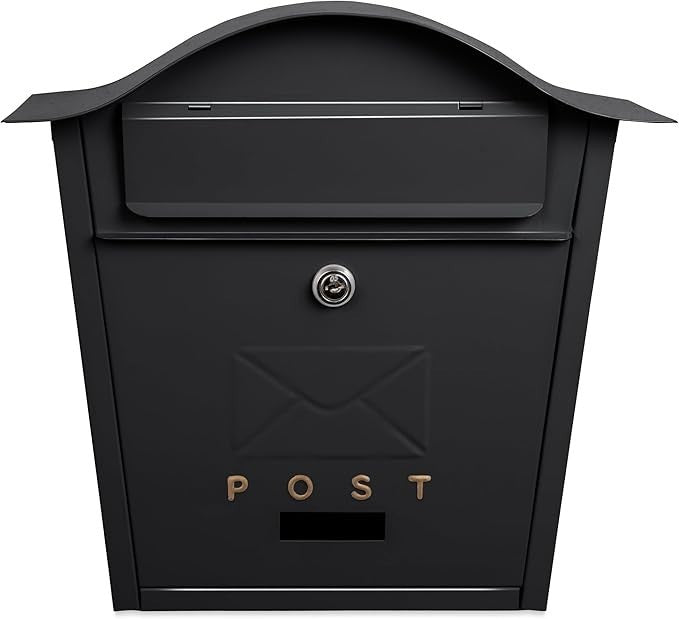 Lockable Wall Mounted Mailbox Black Iron Weatherproof Post Box Large Secure Flap