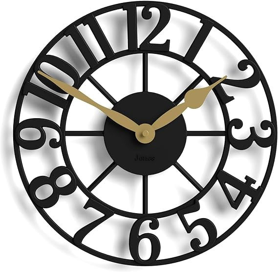 30cm Black Skeleton Wall Clock Silent Modern Raised Numerals Luxury Home Decor
