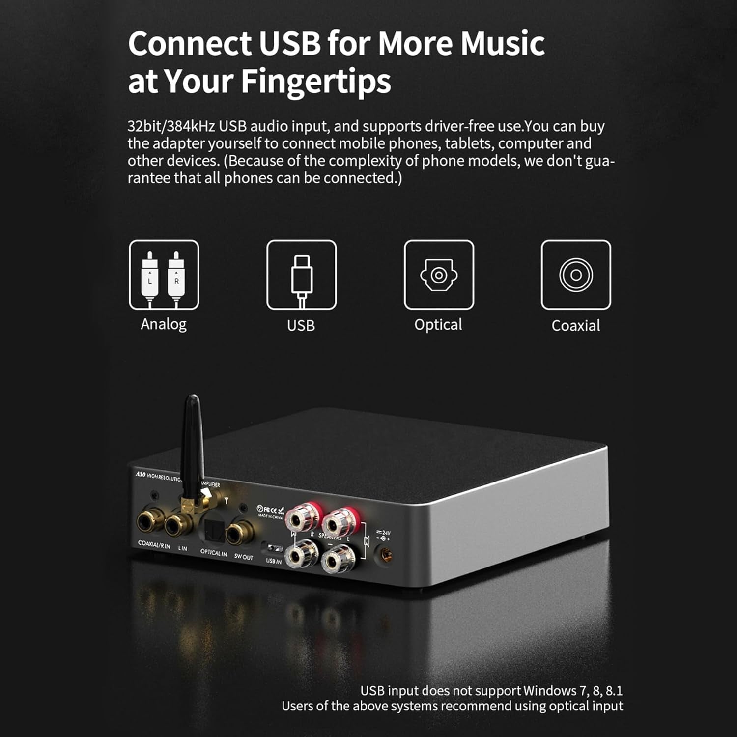 A30 Class D Home Audio Amplifier DAC HiFi EQ Mode USB BT5.0 Headphone/Sub Out