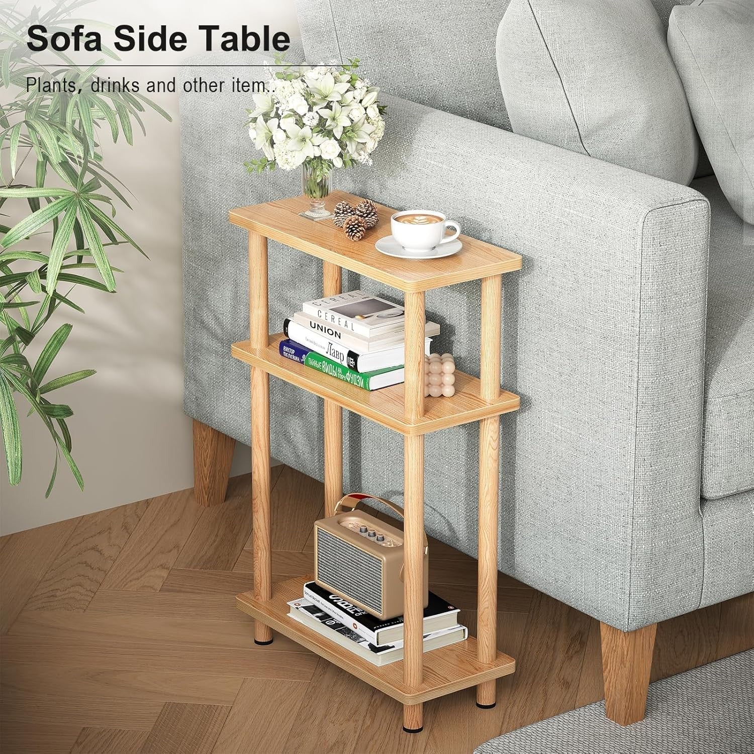 Slim 3-Tier Side Table, Space-Saving Narrow End Table for Living Room, Oak