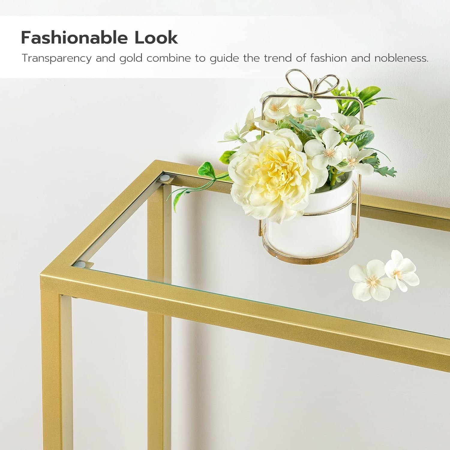 Slim Gold Console Table with Tempered Glass, Adjustable Feet, 100x22x80 cm