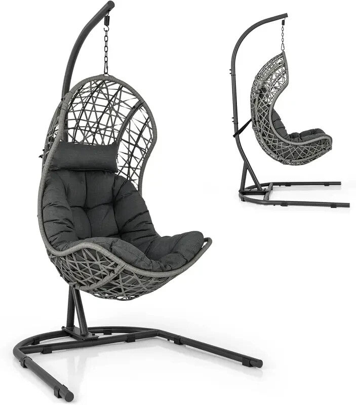 Hanging Rattan Egg Chair with Stand, Cushion & Pillow | Indoor Outdoor