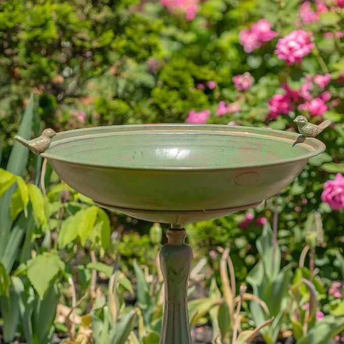 Pedestal Bird Bath Green Cast Iron Outdoor Garden Feeder Bowl Ornament