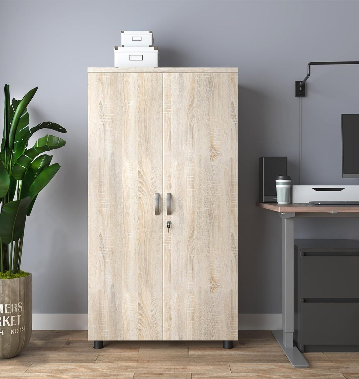 Tall Oak Effect Lockable Office Cupboard 4 Shelf Storage Cabinet