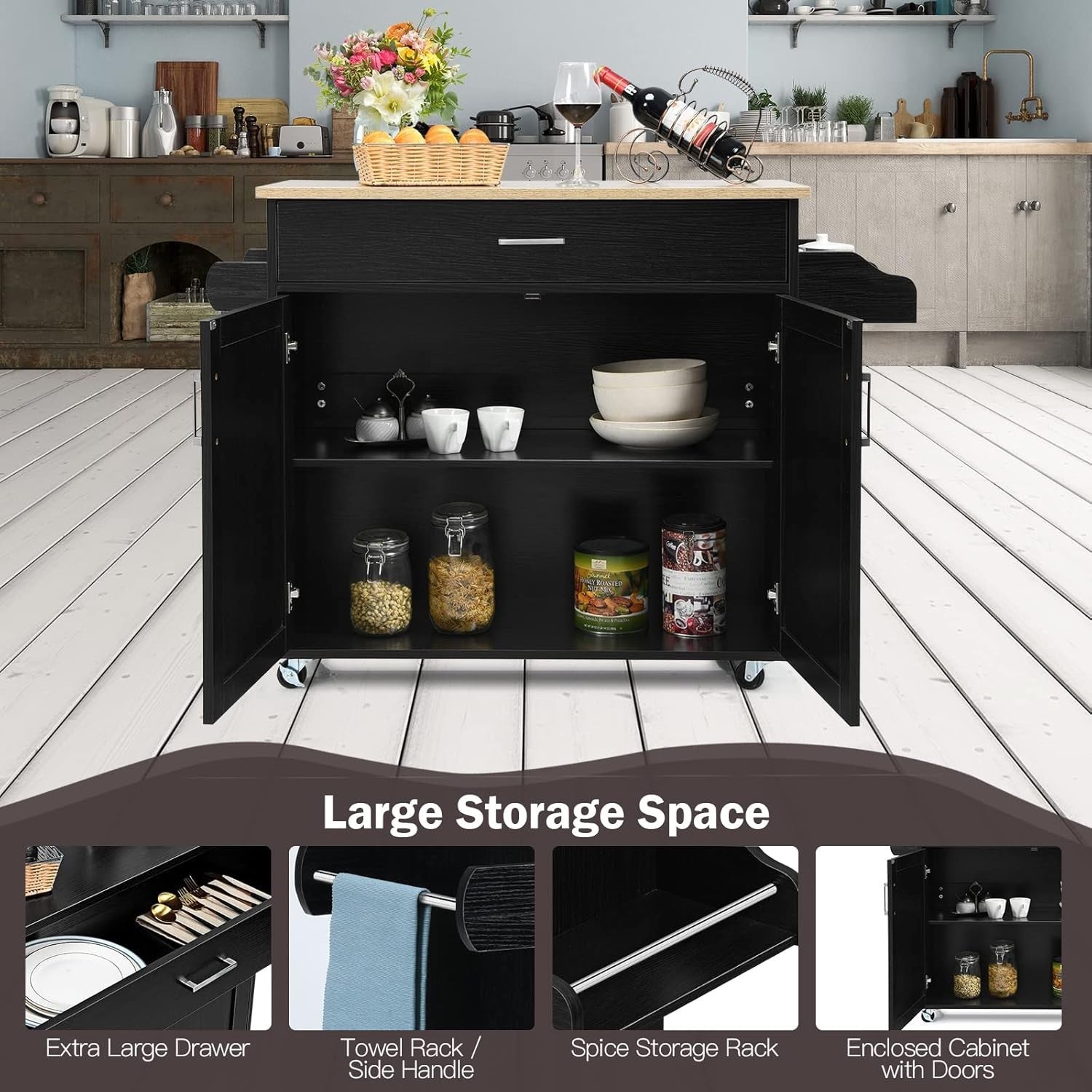 116cm Kitchen Island Trolley Drawer Cabinet Black