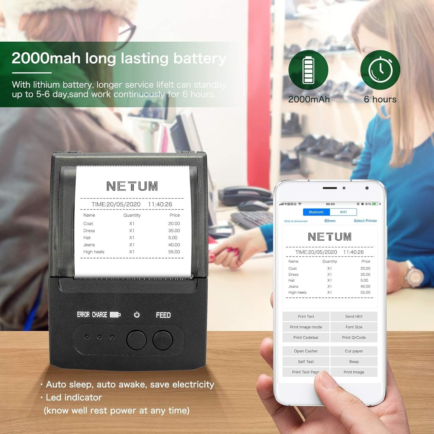 Bluetooth Mini Thermal Receipt Printer 58mm POS Black & White