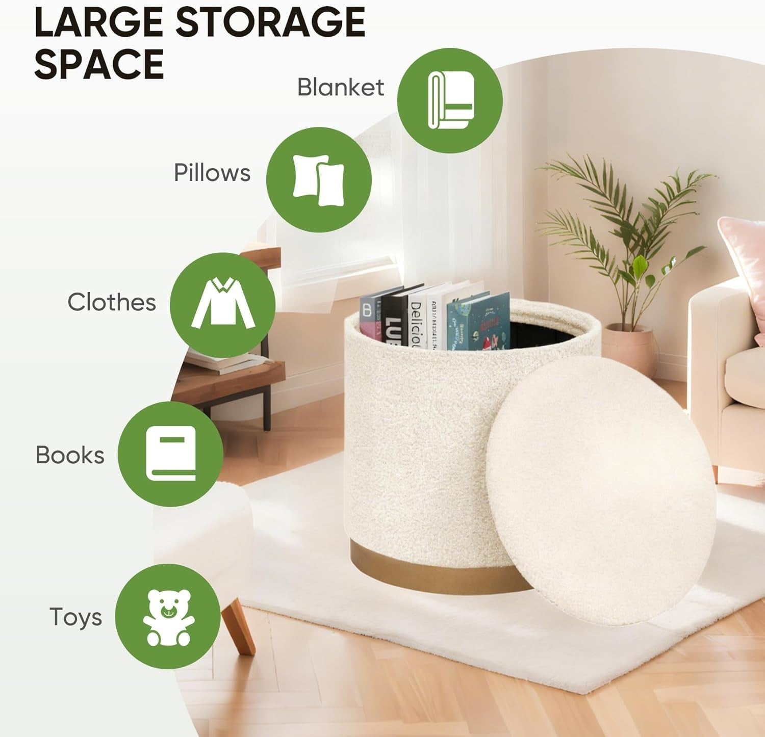 White Boucle Large Round Storage Ottoman Foldable Footstool with Tray Lid