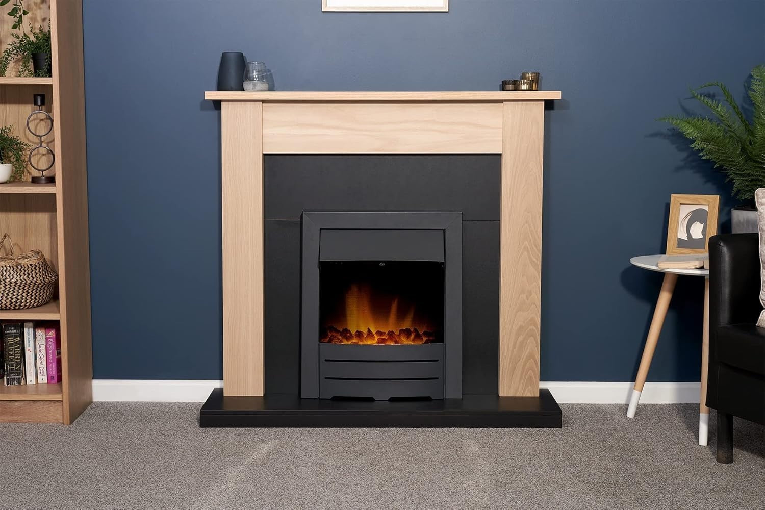 43" Oak Black Wall Electric Fireplace Suite 2kW Heat LED Flame Flat Wall