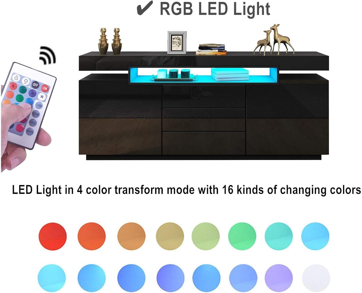 Modern Black High Gloss Sideboard Cabinet LED Light Drawers Storage Unit