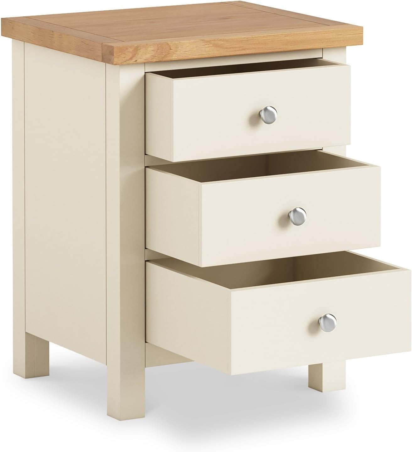 Cream 3 Drawer Bedside Table with Oak Top – Solid Wood Nightstand