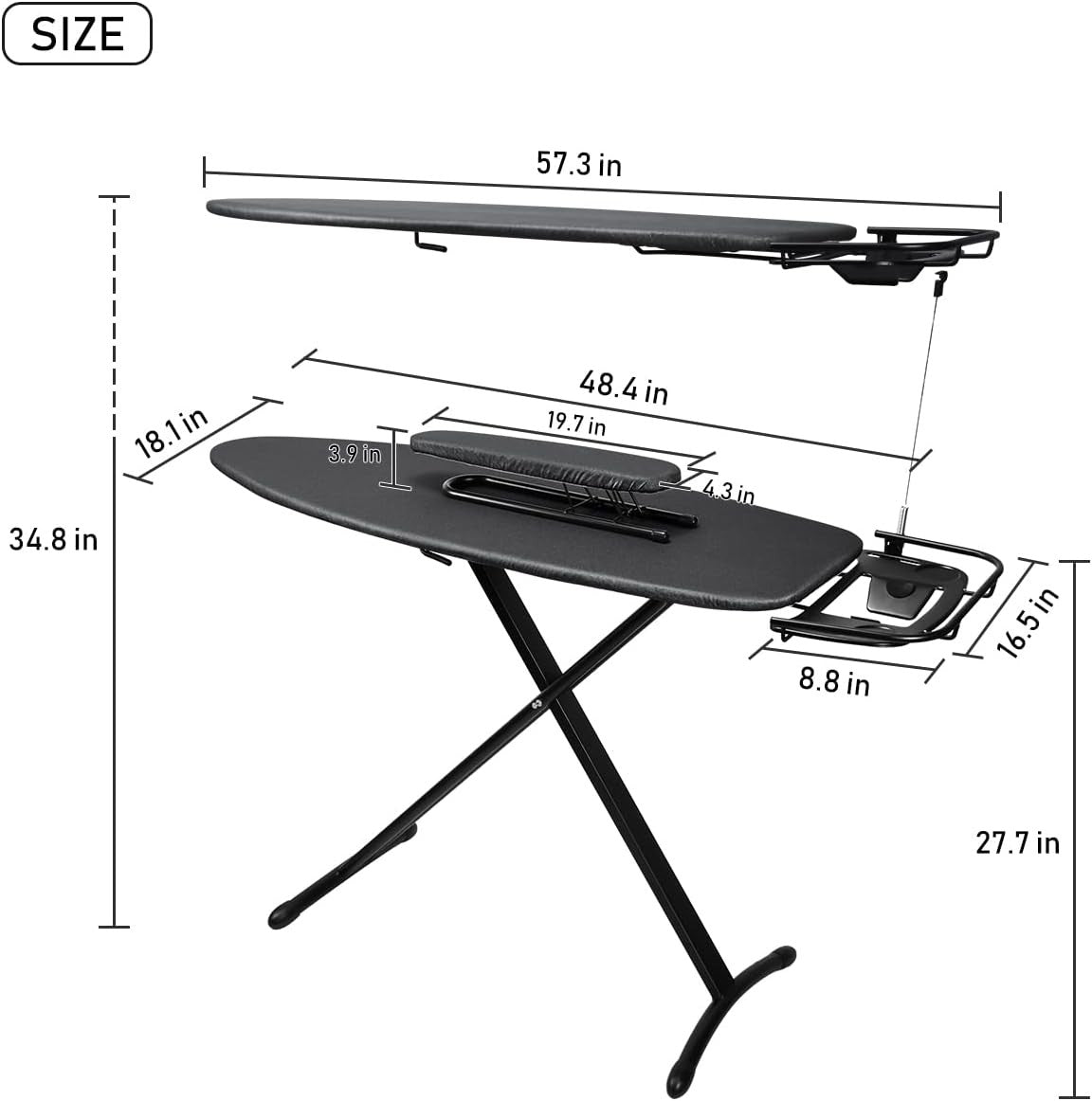 Extra Wide Ironing Board with Sleeve Board Adjustable Height Foldable Black