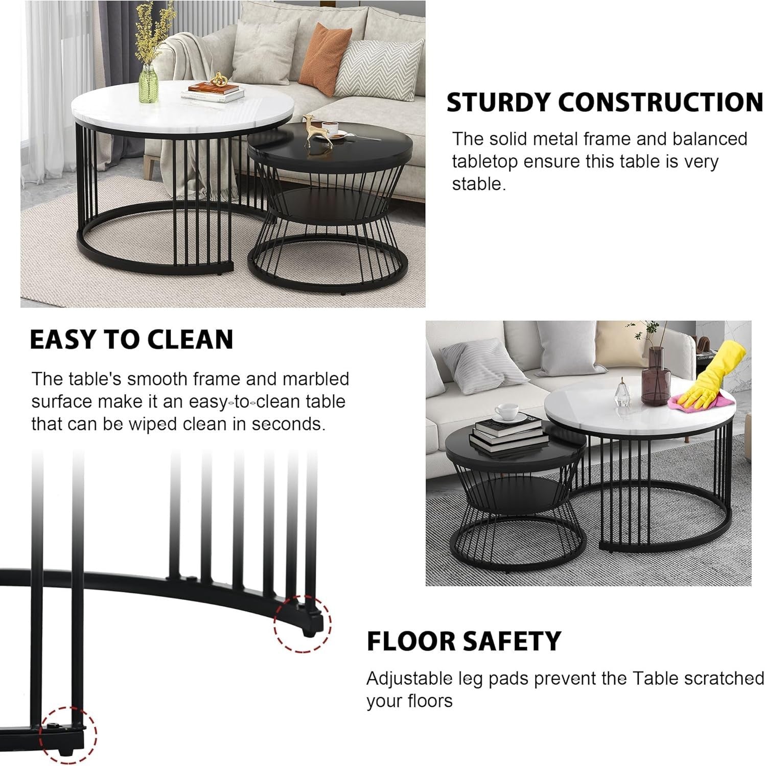 Nesting Coffee Tables Set of 2 Round Metal Frame Nightstand Black & White