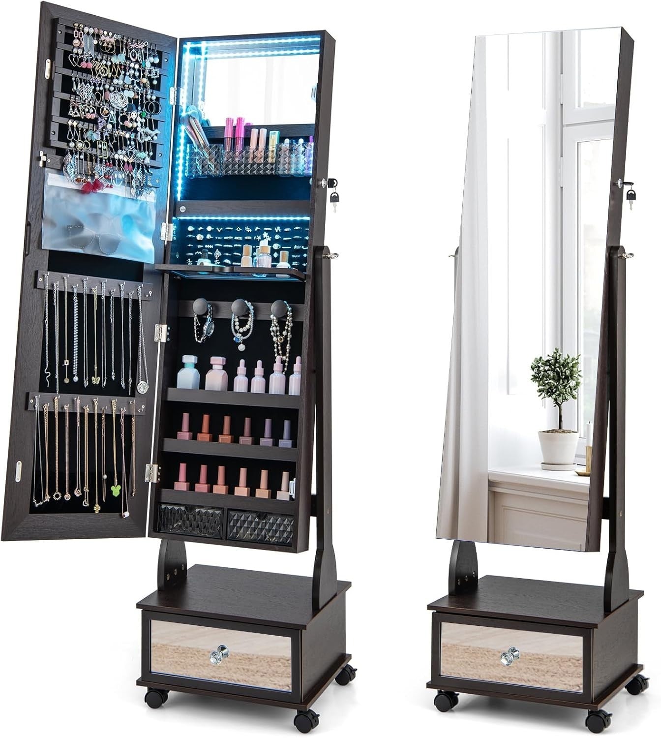 Brown LED Jewellery Cabinet Lockable Full Length Mirror Mobile Storage