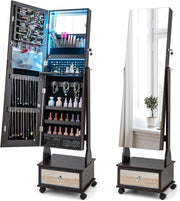 Brown LED Jewellery Cabinet Lockable Full Length Mirror Mobile Storage