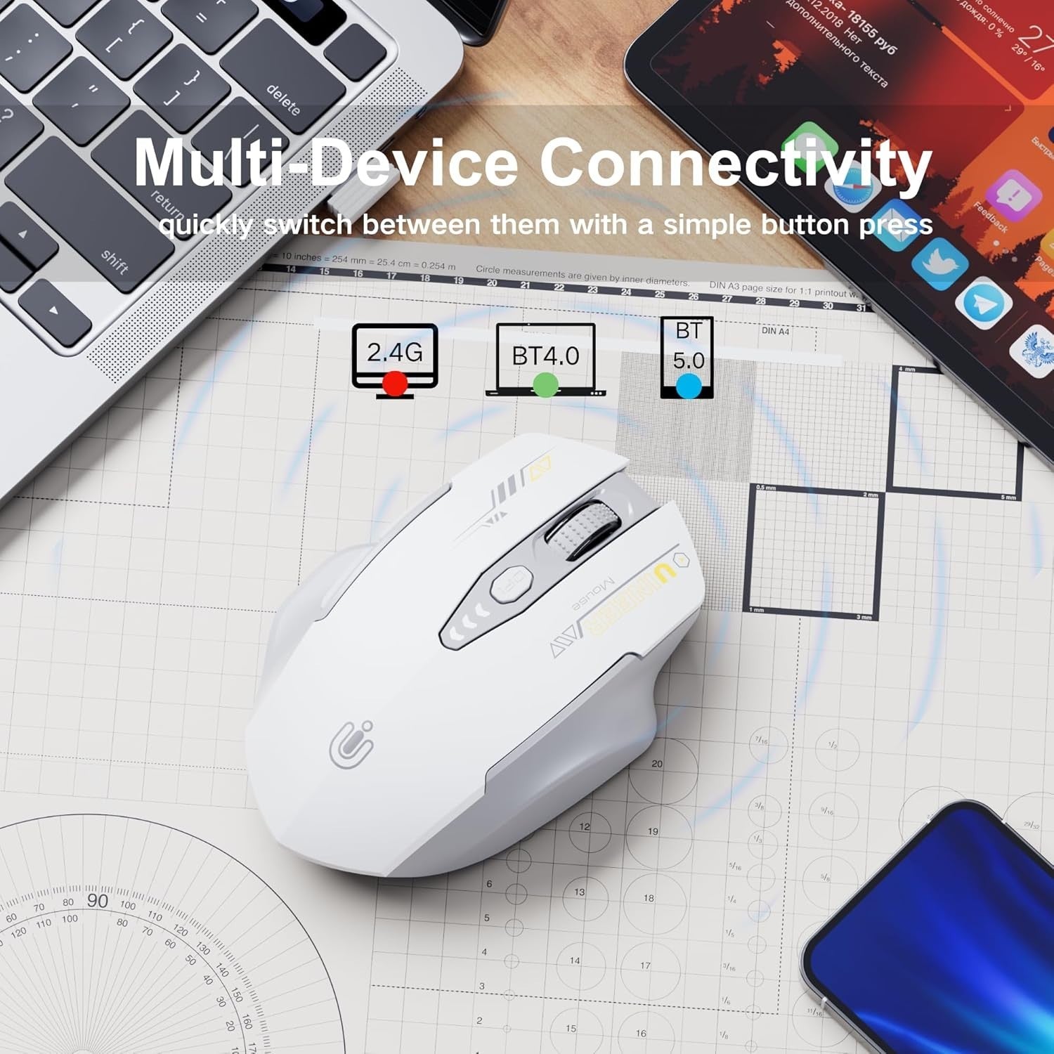Tri Mode Wireless Mouse Bluetooth Rechargeable Adjustable DPI Ergonomic Office