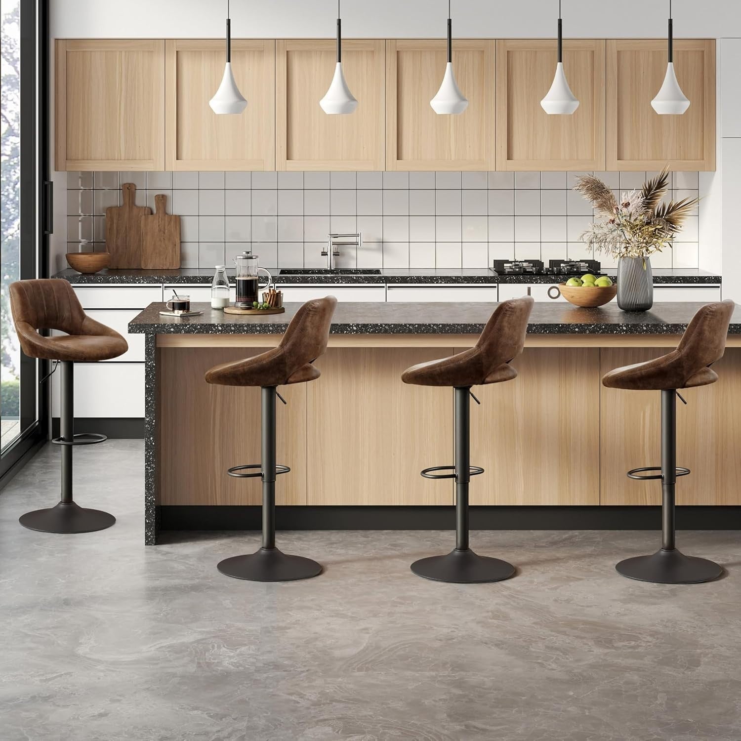 Brown Bar Stools Set of 2 | Faux Leather Seat, Adjustable Swivel, Round