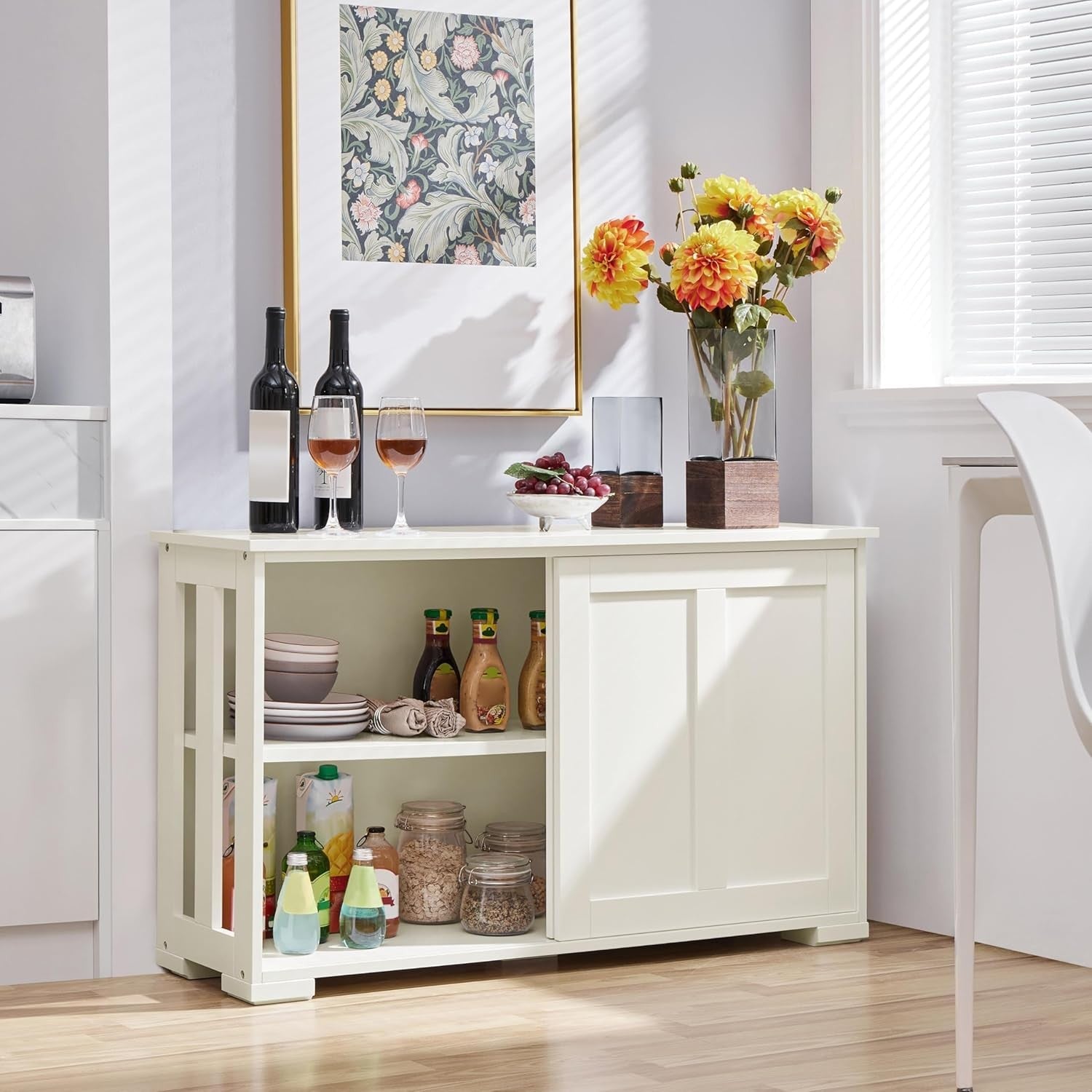 White Sideboard Buffet Cabinet | Sliding Door Storage Unit with Adjustable Shelf