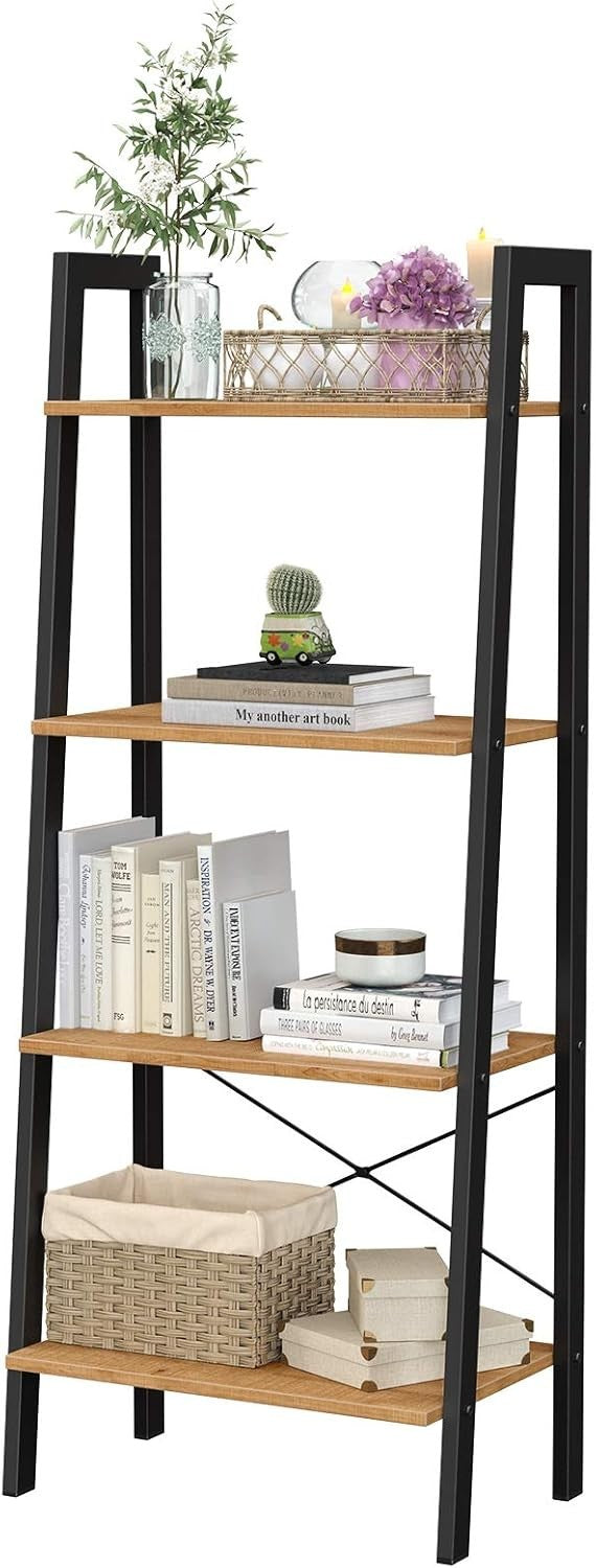 4-Tier Ladder Shelf Industrial Bookshelf Freestanding Storage Unit Honey Brown