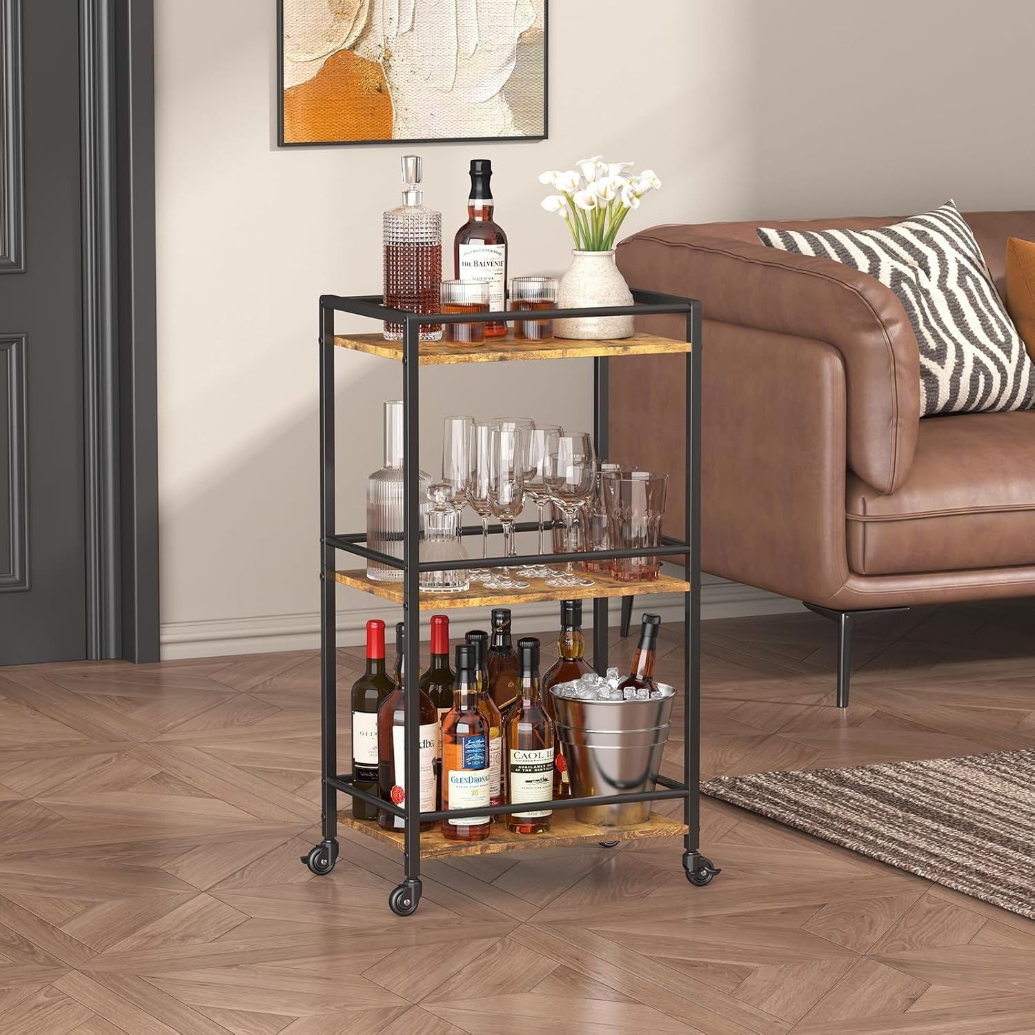 3 Tier Drinks Trolley Bar Cart on Wheels Rustic Serving Cart with Storage