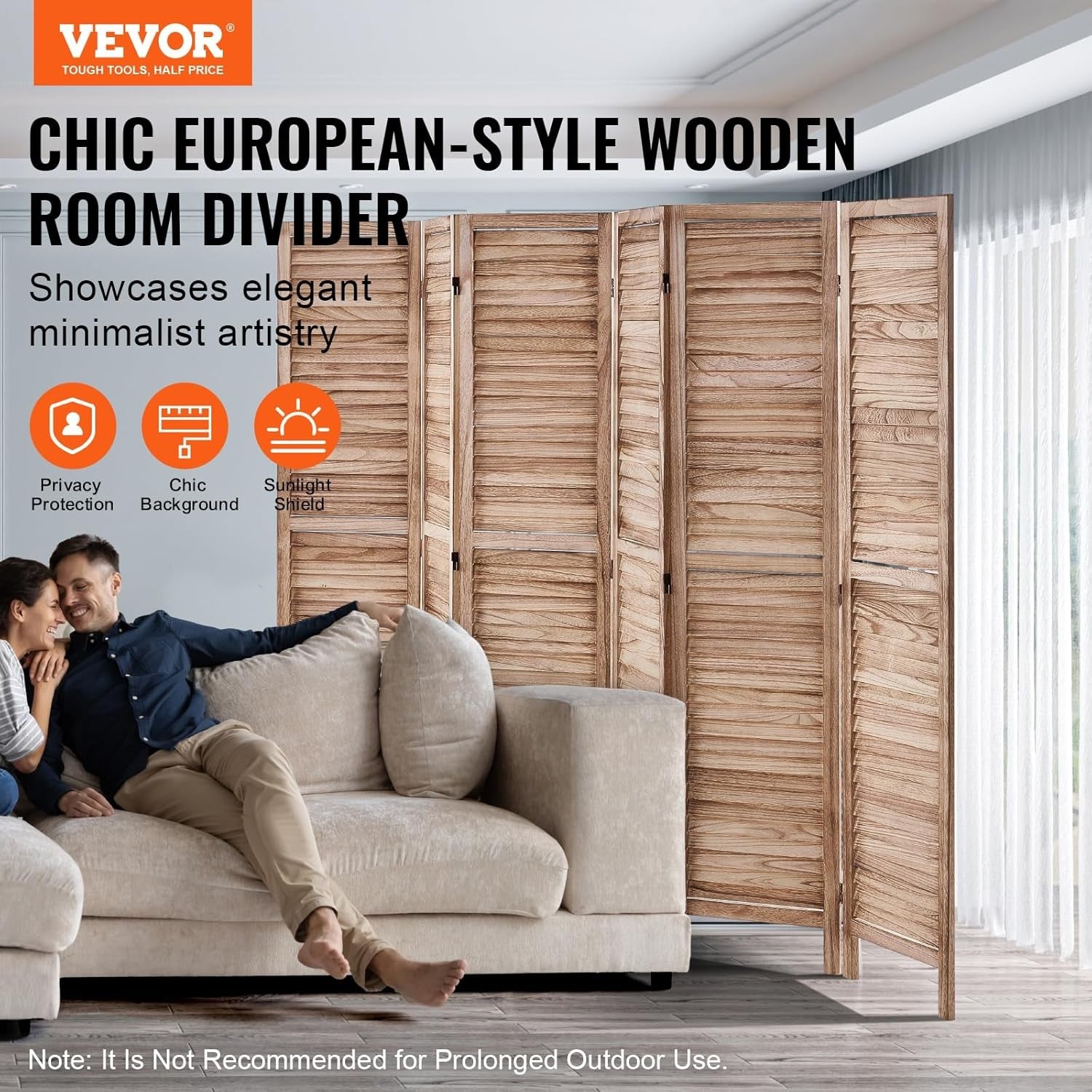 6 Panel Wooden Folding Room Divider Natural Privacy Screen 240x170cm