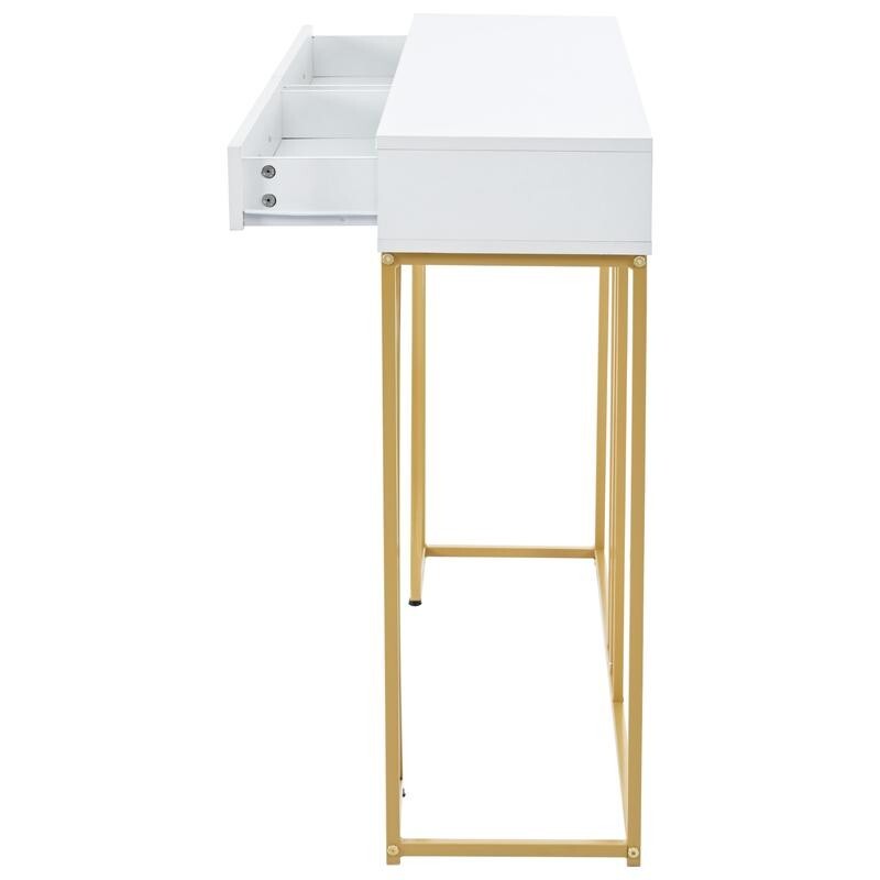 Modern White & Gold Console Table with 2 Drawers – 110cm MDF Metal Frame