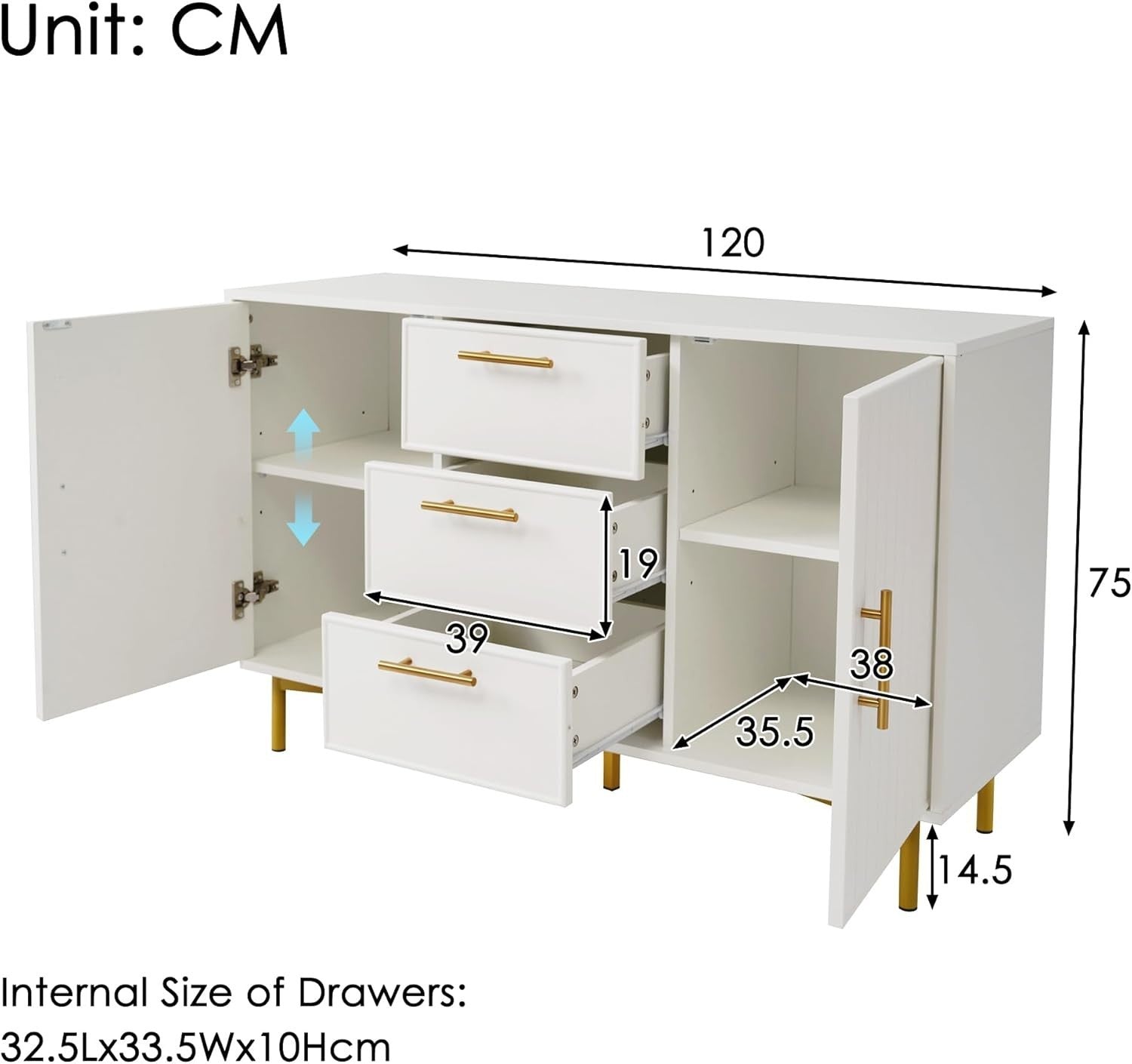 Modern White Sideboard Cabinet Drawers Doors Storage Unit 120cm Wide
