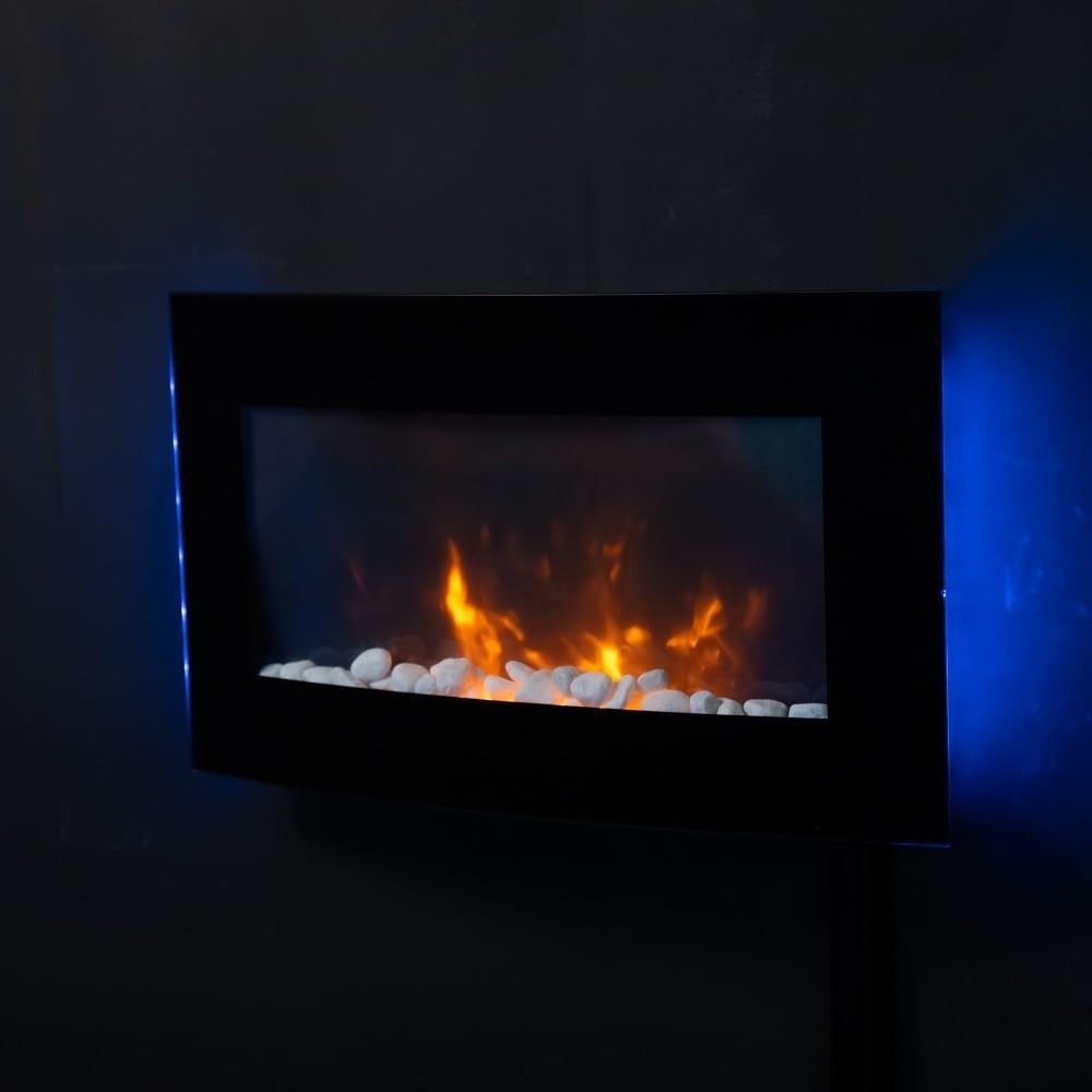 72cm Wall Mounted Electric Fireplace Curved Glass with Pebble & Log Flame