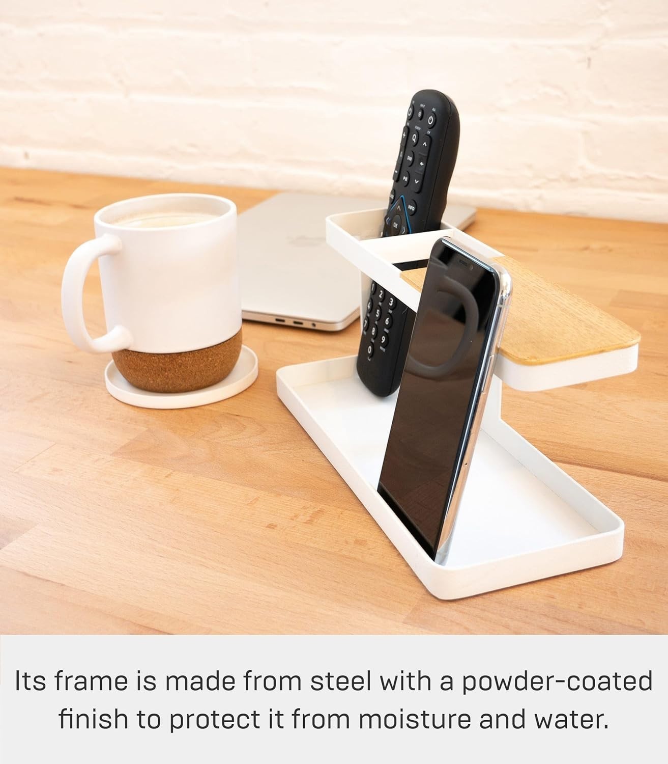 Minimalist Tower Desk Organizer with 4 Compartments – White Wood/Steel