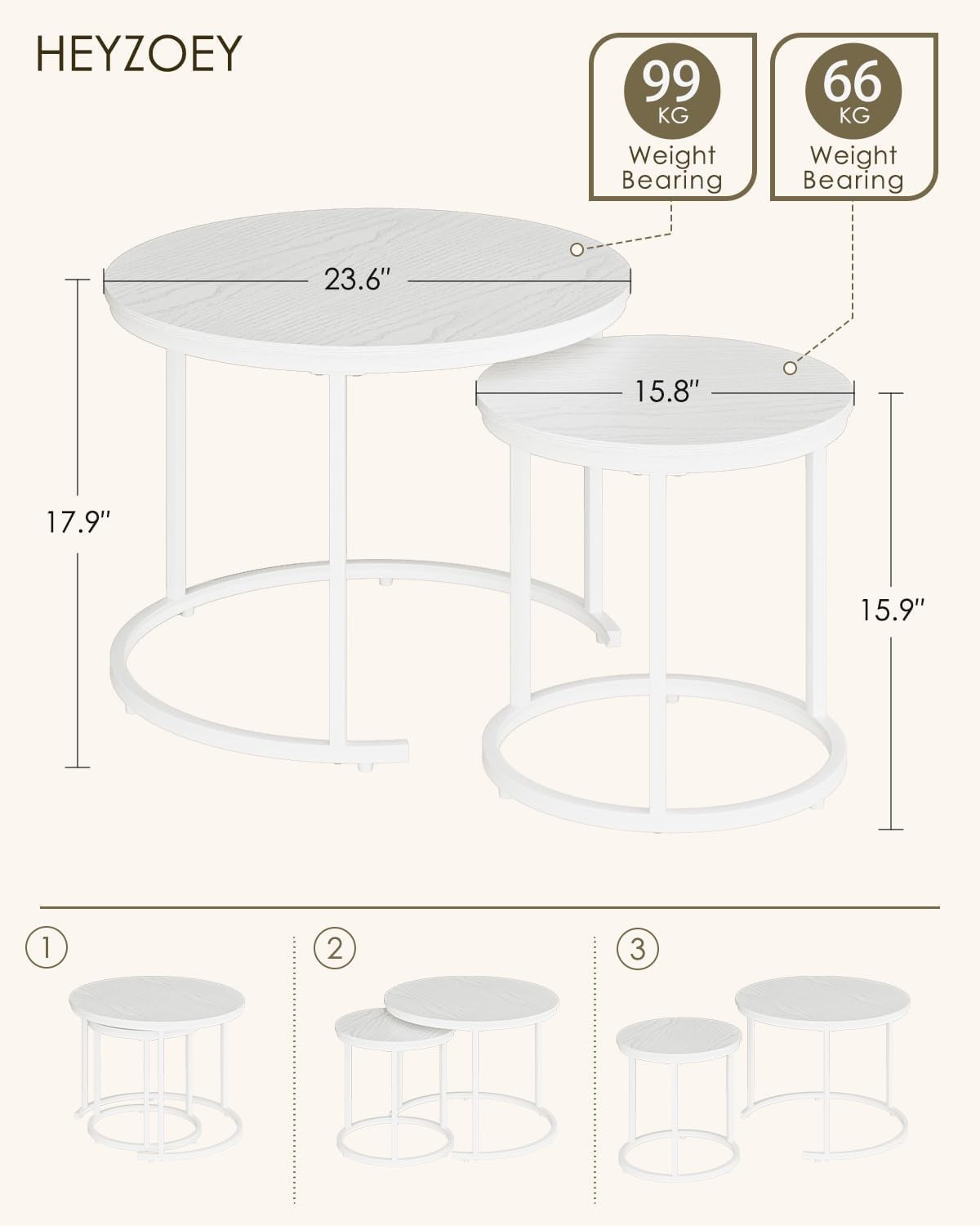 Round Nesting Coffee Tables Set of 2 – Grey Top Black Frame, Space- White.