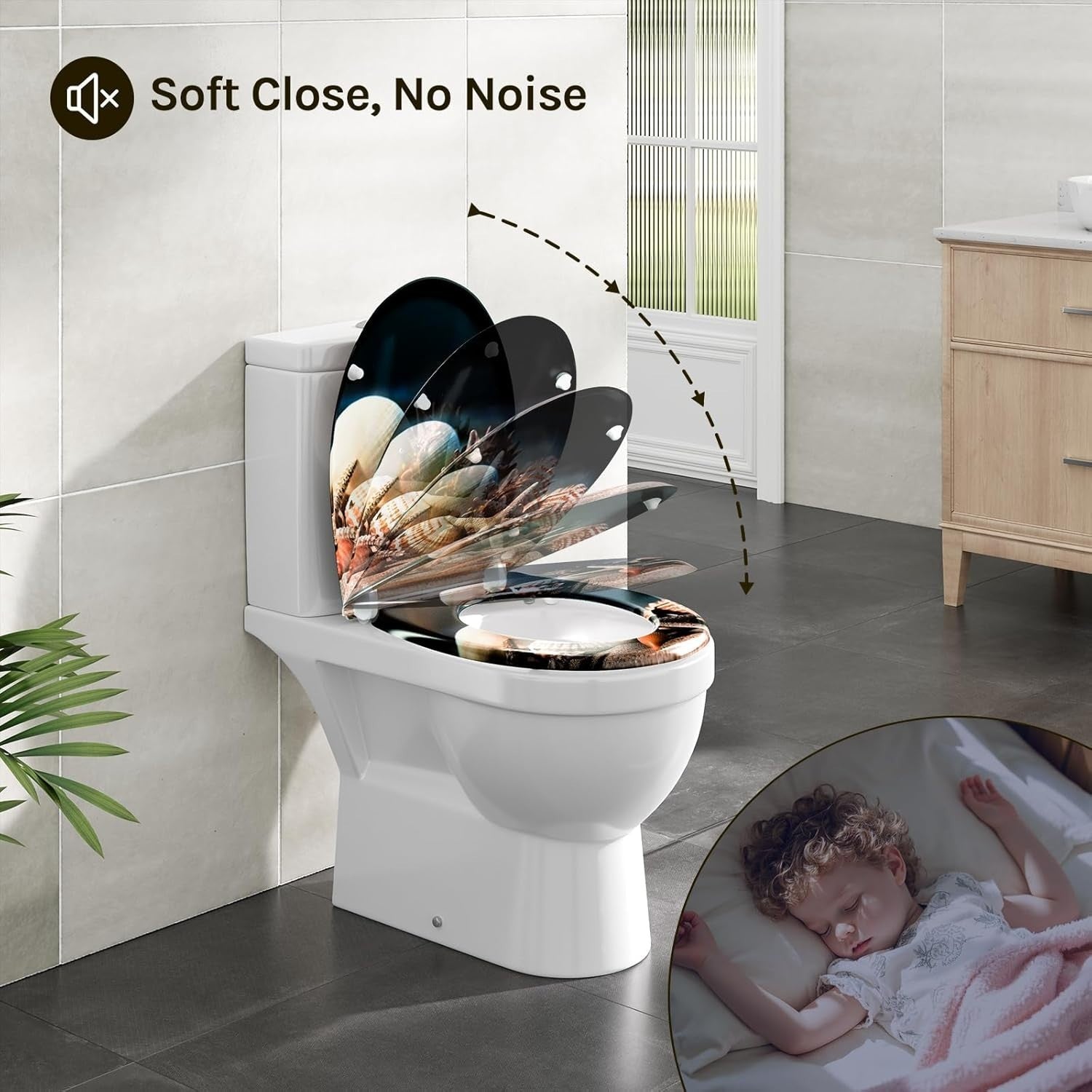 O-Shaped Toilet Seat Soft Close Quick Release Duroplast Sea Pattern Top Bottom