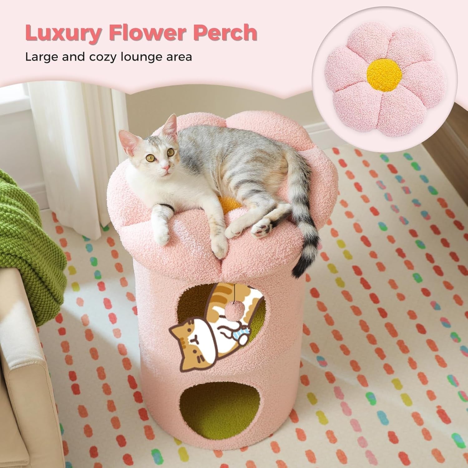 Flower Cat Cave Bed with Condo Top Perch Hideaway Tower Pink 2 Level