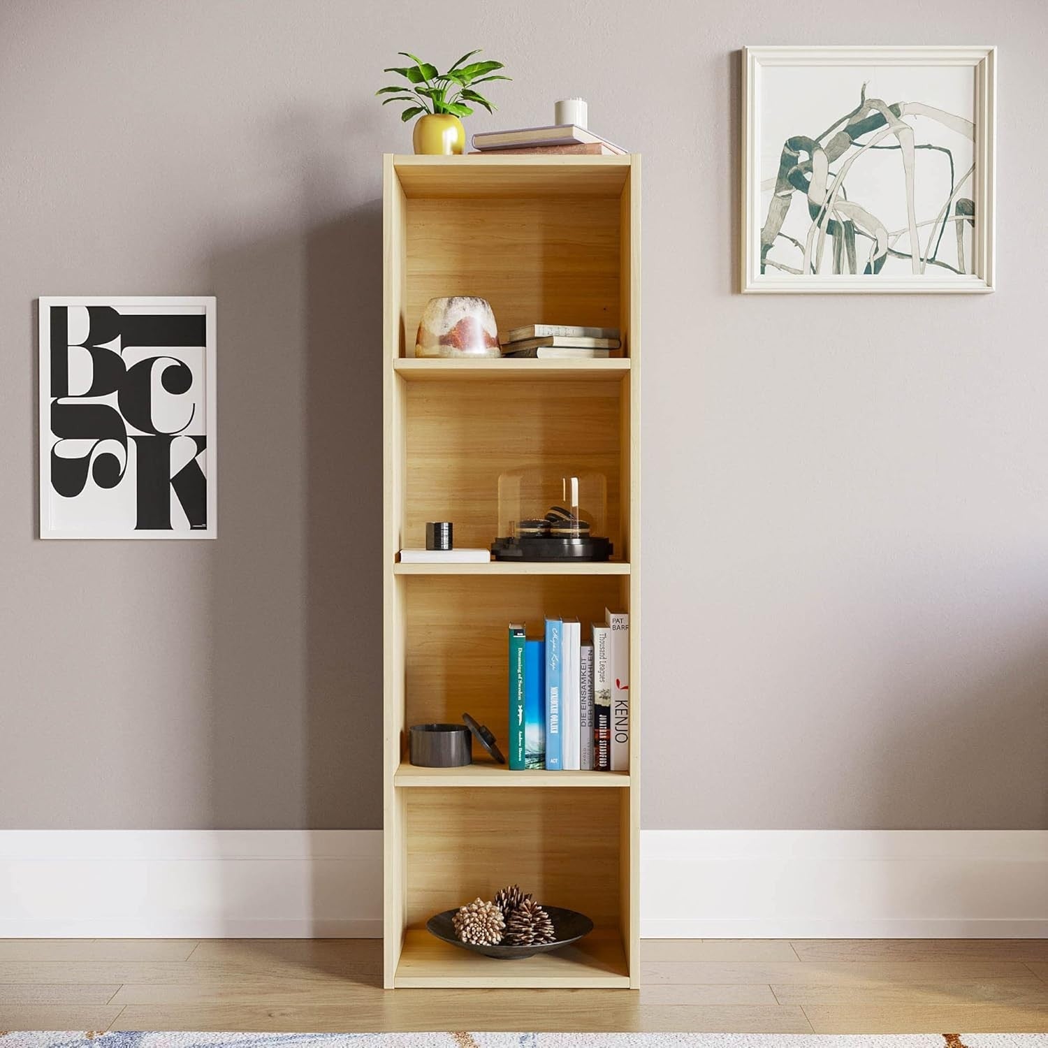 4 Tier Oak Wooden Cube Bookcase Small Storage Shelf for Living Room Office