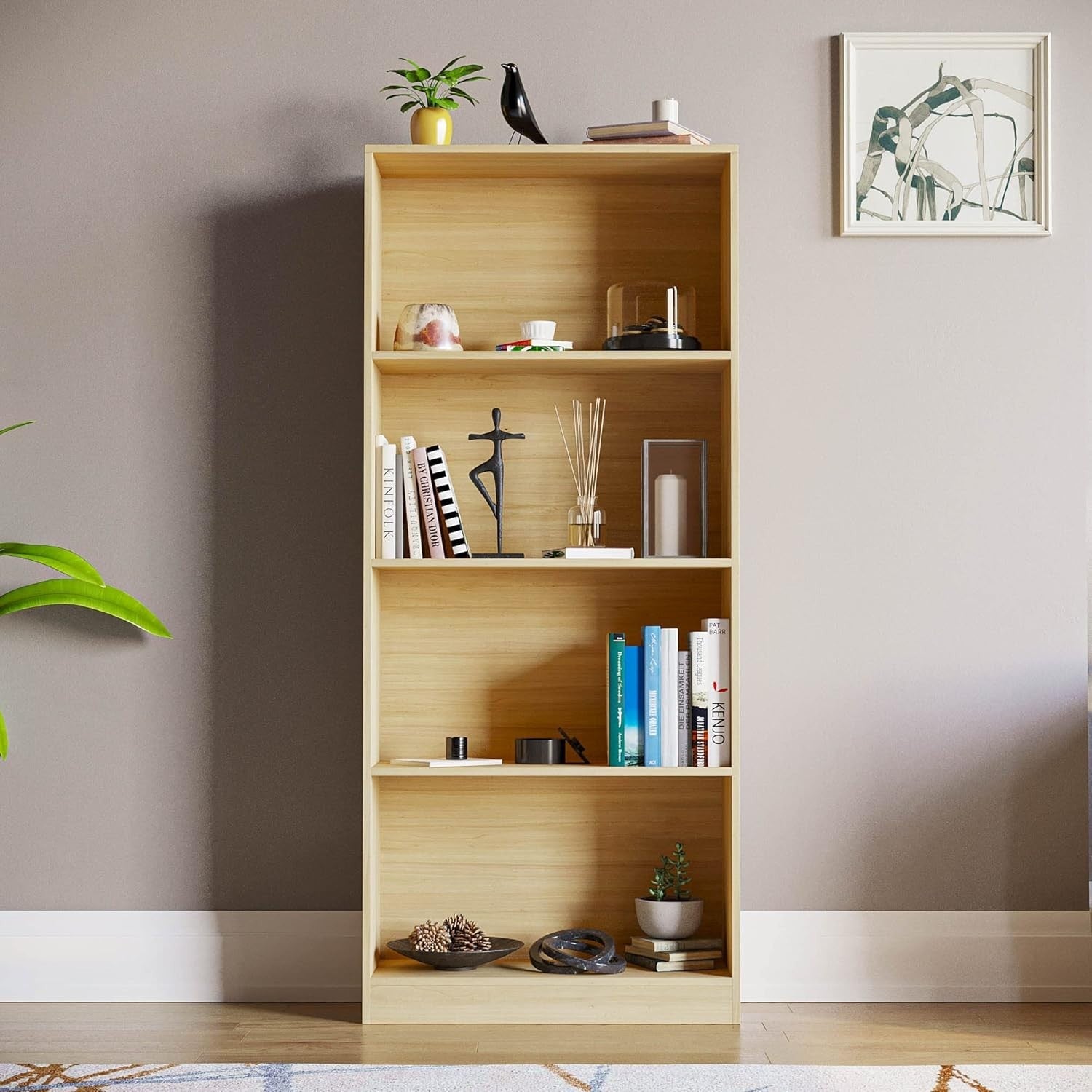 4 Tier Oak Wooden Bookcase Modern Storage Display Shelf for Living Room