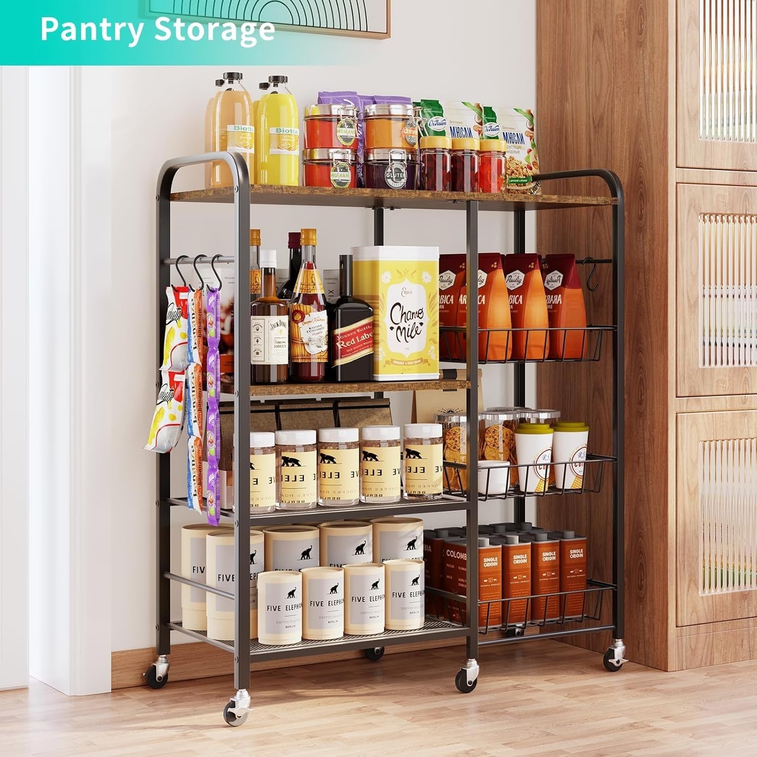 4 Tier Kitchen Trolley on Wheels w/ Pull Out Baskets