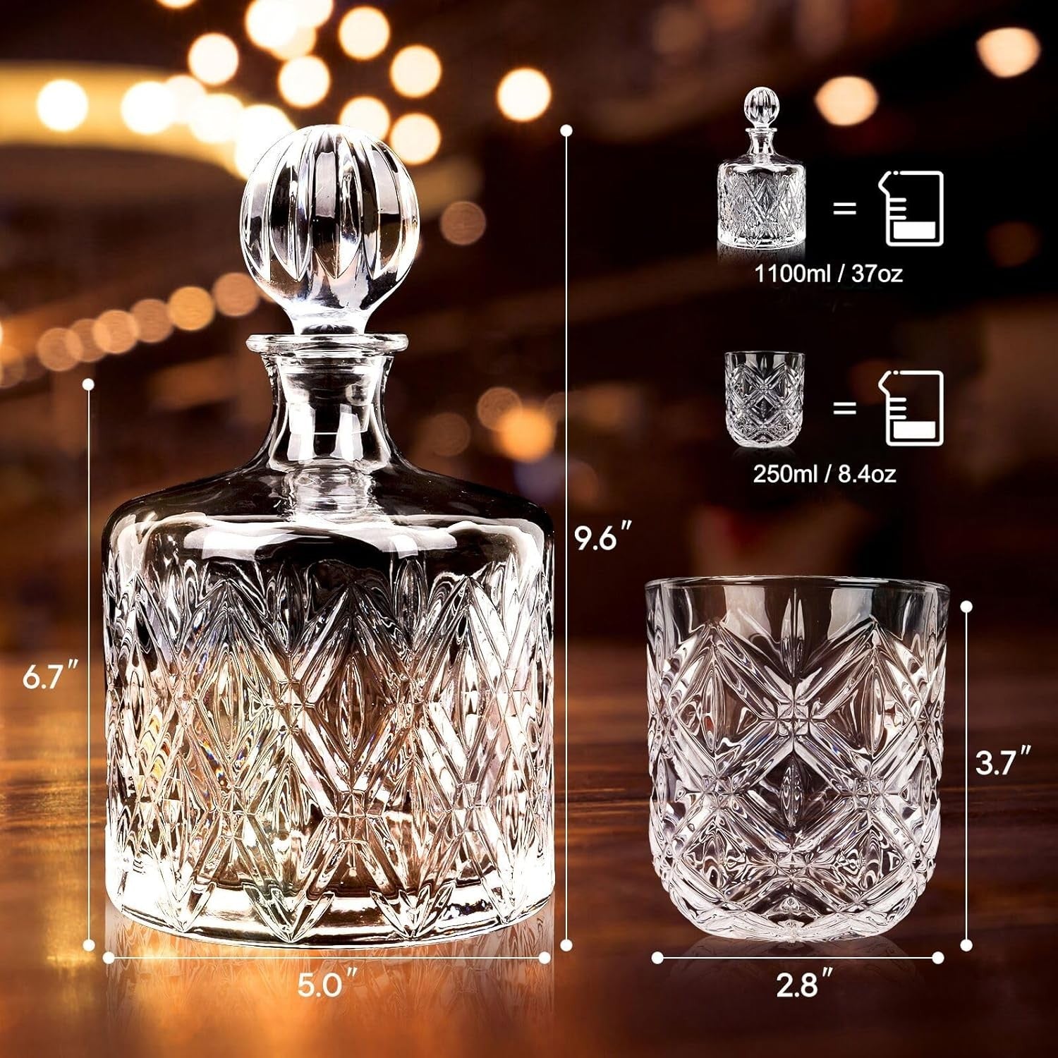 Luxury Crystal Whiskey Decanter Set 1.1L with 4 Glasses & Chilling Stones Gift