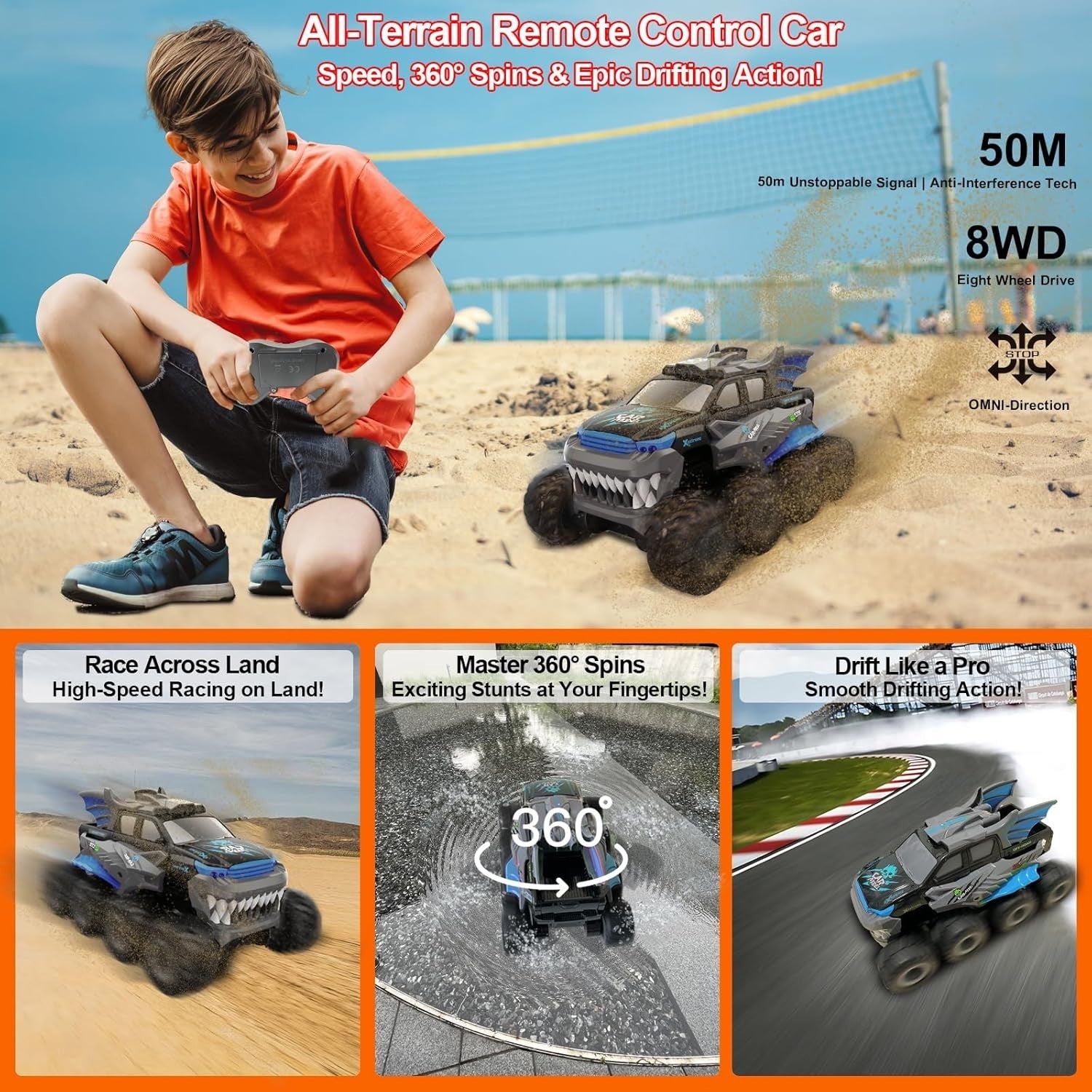 8WD Amphibious RC Monster Truck – Waterproof Off-Road Car w/ 2 Batteries, Blue