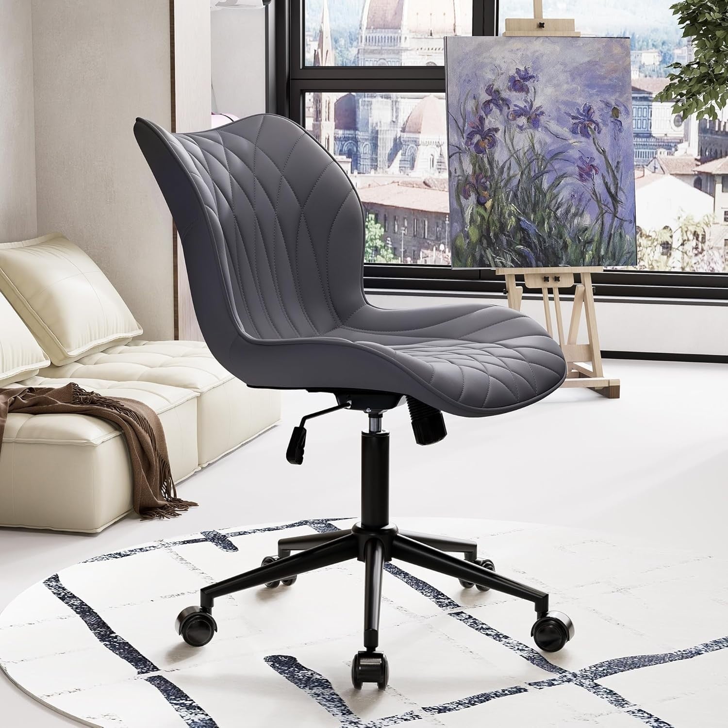 Purple Faux Leather Home Office Desk Chair Swivel Armless Ergonomic Rocking Seat