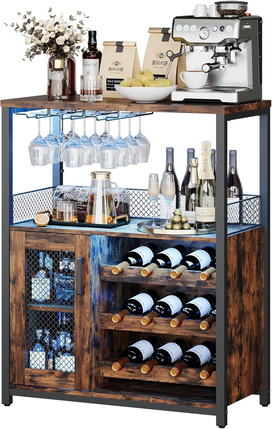 Rustic Industrial Wine Bar Cabinet with LED Light, Glass Holder & 12-Bottle Rack