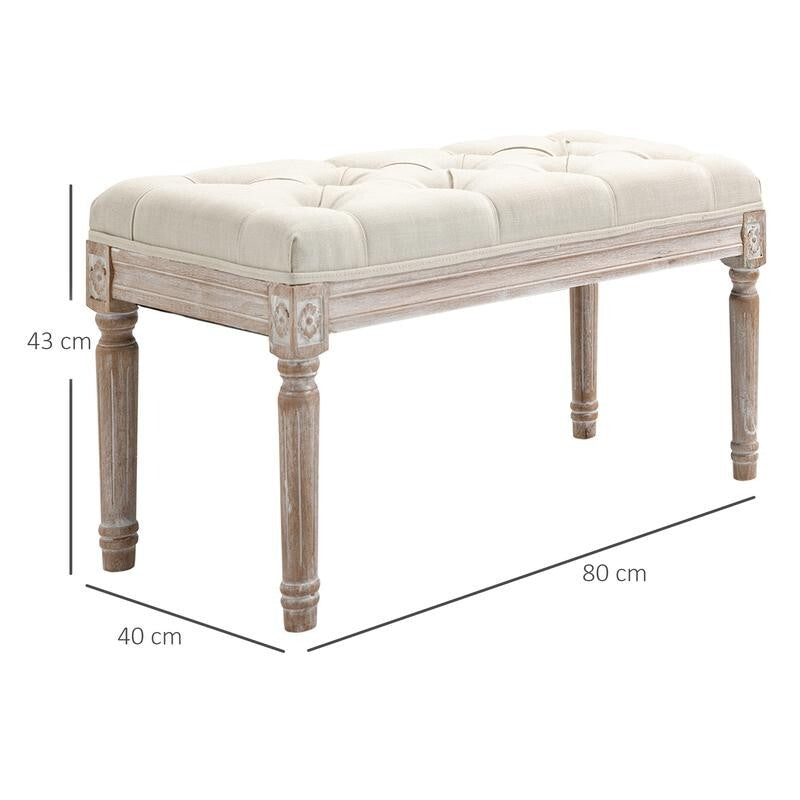 Beige Tufted Fabric End of Bed Bench Seat Vintage Ottoman Stool w/ Wood Legs