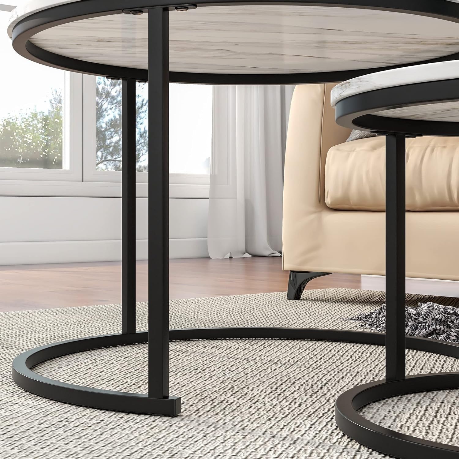 Round Nesting Coffee Table Set of 2 – Space-Saving Living Room Side Tables White