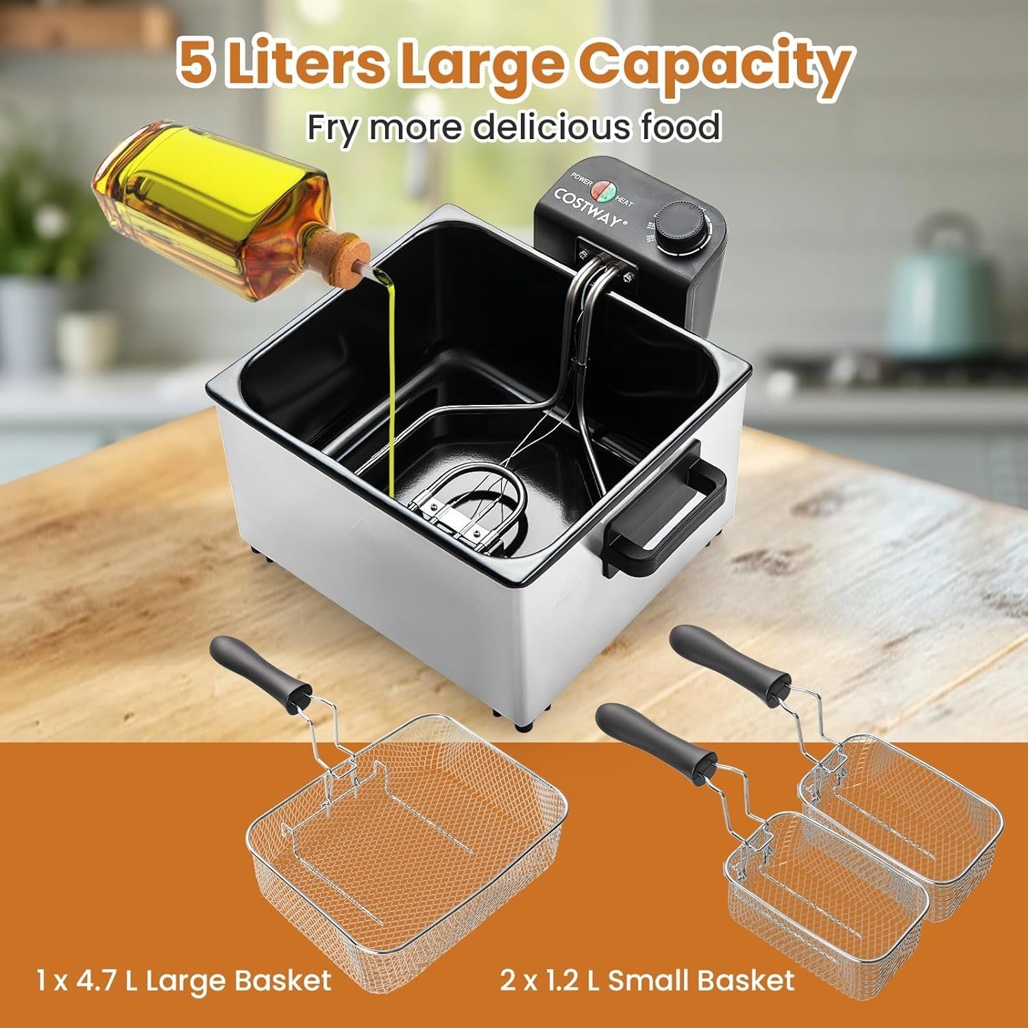 Electric Deep Fat Fryer 5L 2000W Stainless Steel 3 Baskets Viewing Window